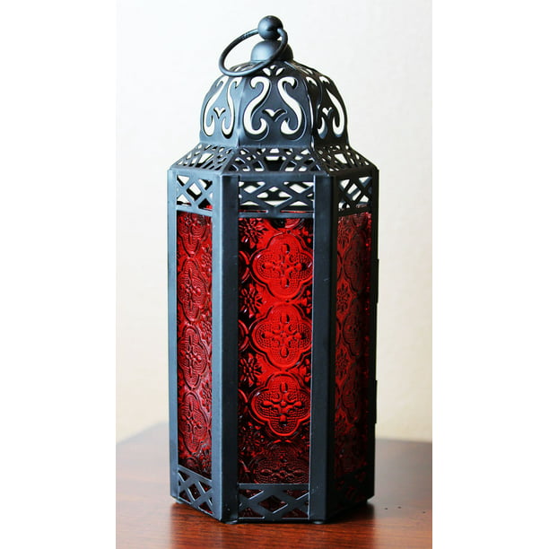 Moroccan Style Red Frosty Glass 11” Free Standing Candle Lantern with LED Lights